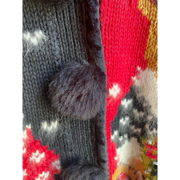 VTG 90s Elana Carello Bear Christmas Cardigan Faux Fur Collar Pom Buttons - Picture 5 of 8